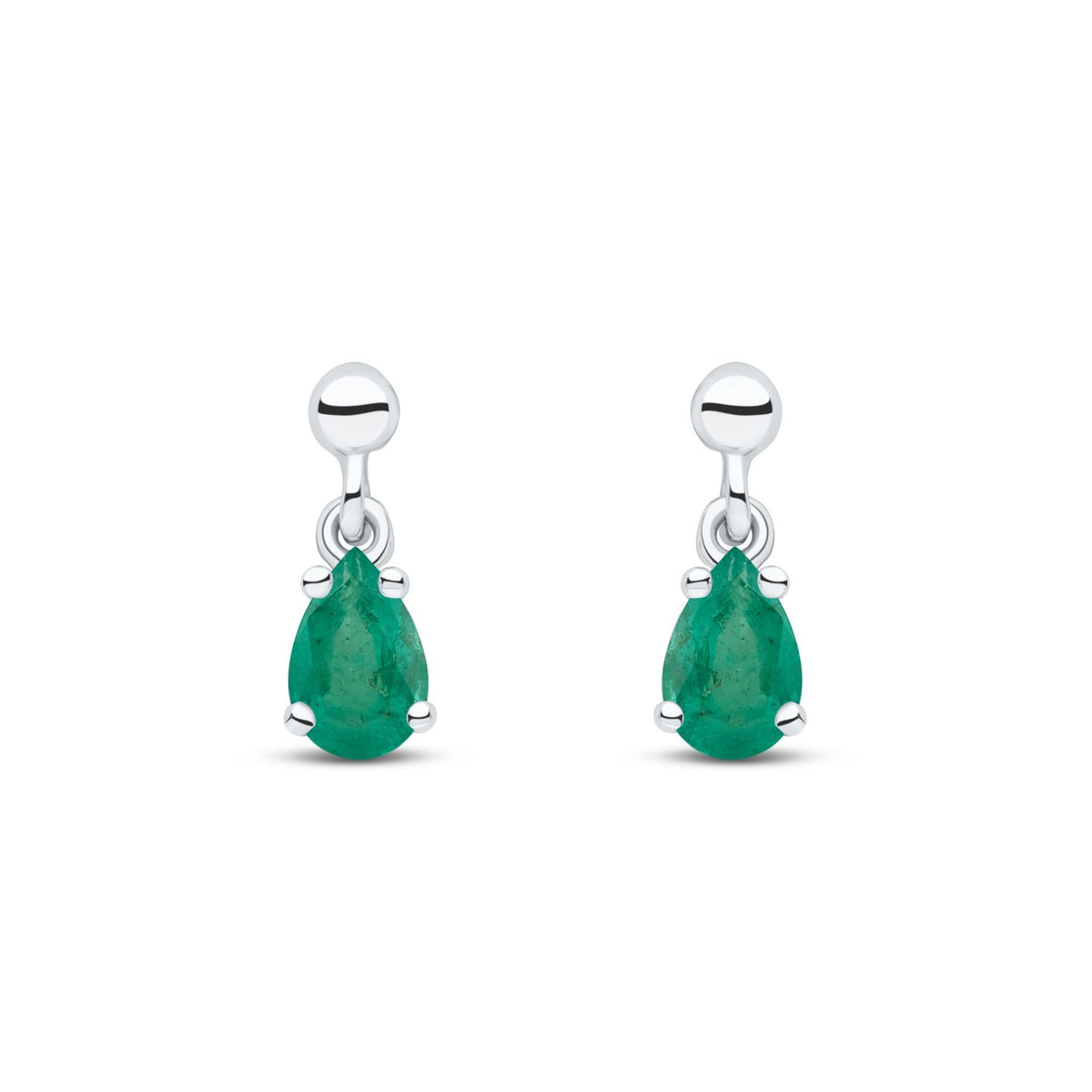 9ct White Gold Pear Shaped Natural Emerald Claw Drop Earrings — 6x4mm
