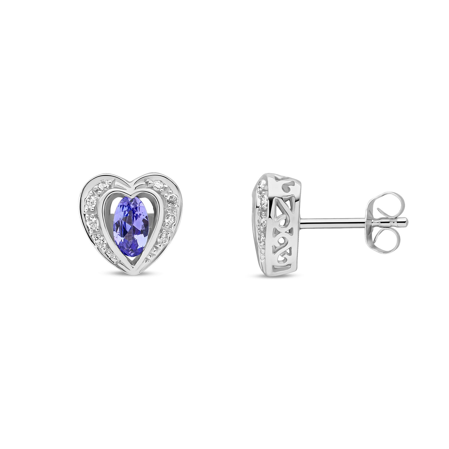 9ct White Gold Natural Tanzanite and Diamond Heart Stud Earrings