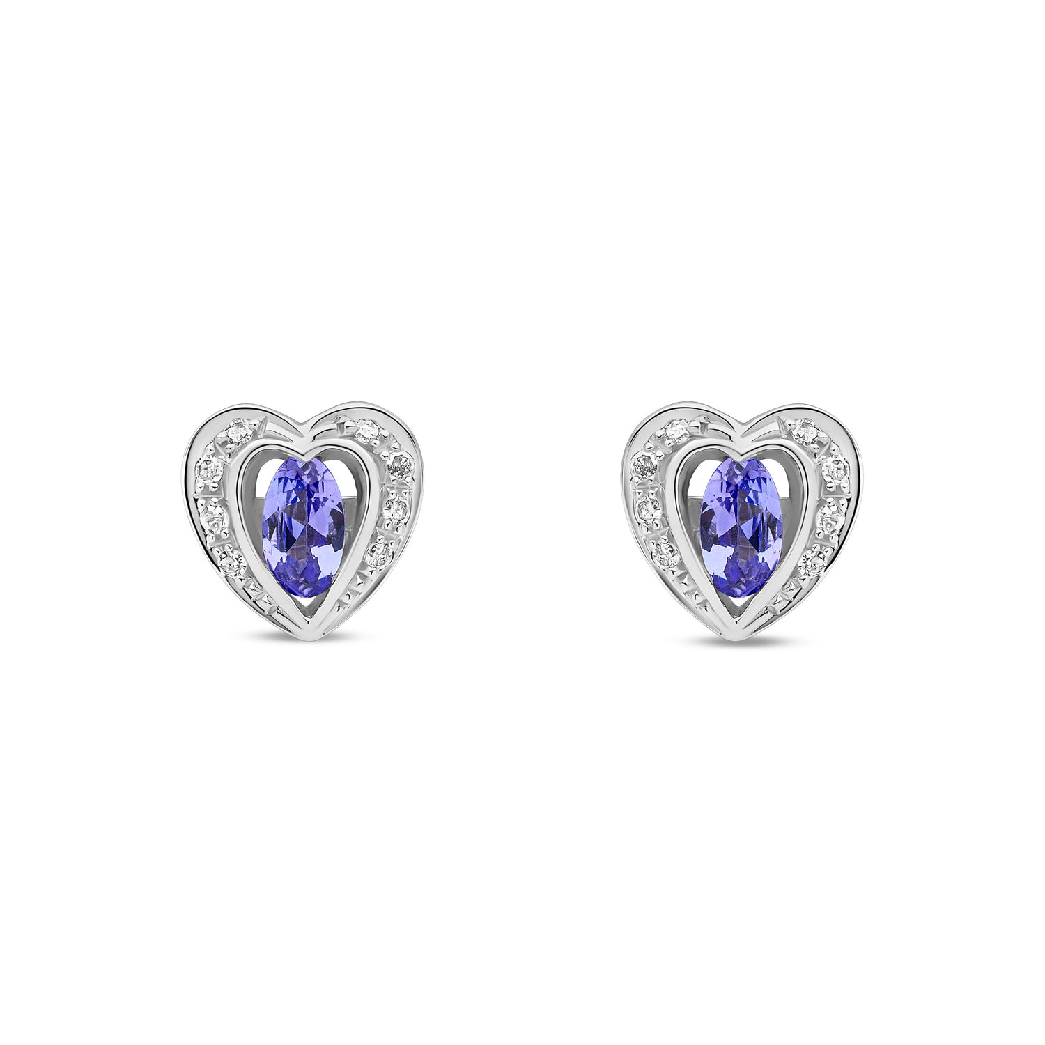 9ct White Gold Natural Tanzanite and Diamond Heart Stud Earrings