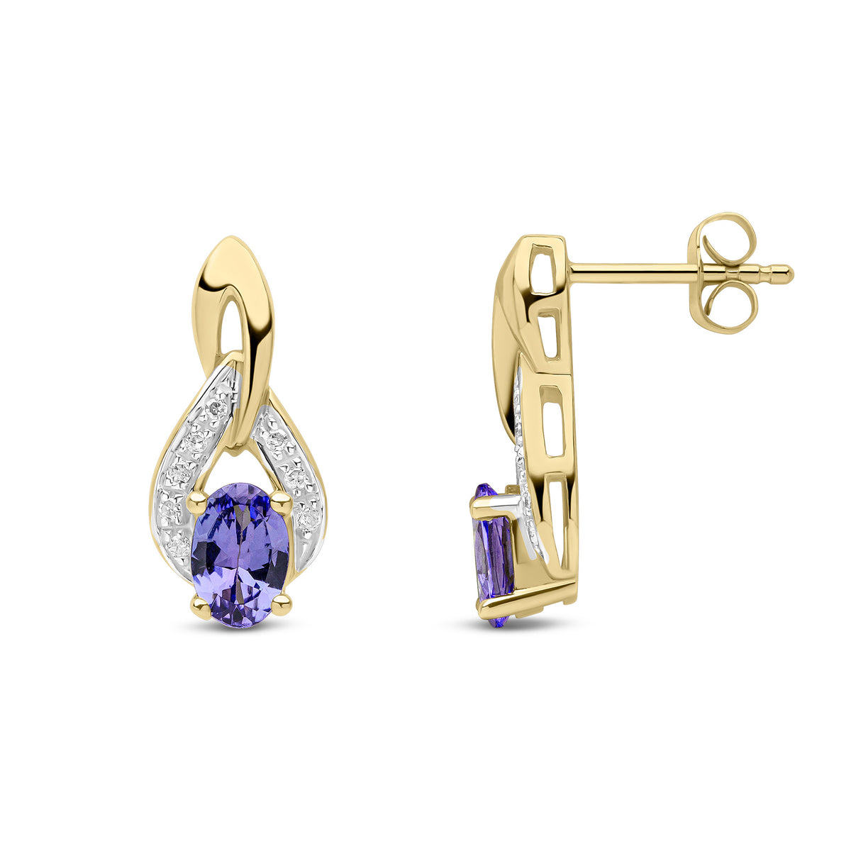 9ct Yellow Gold Oval Natural Tanzanite and Diamond Teardrop Earrings