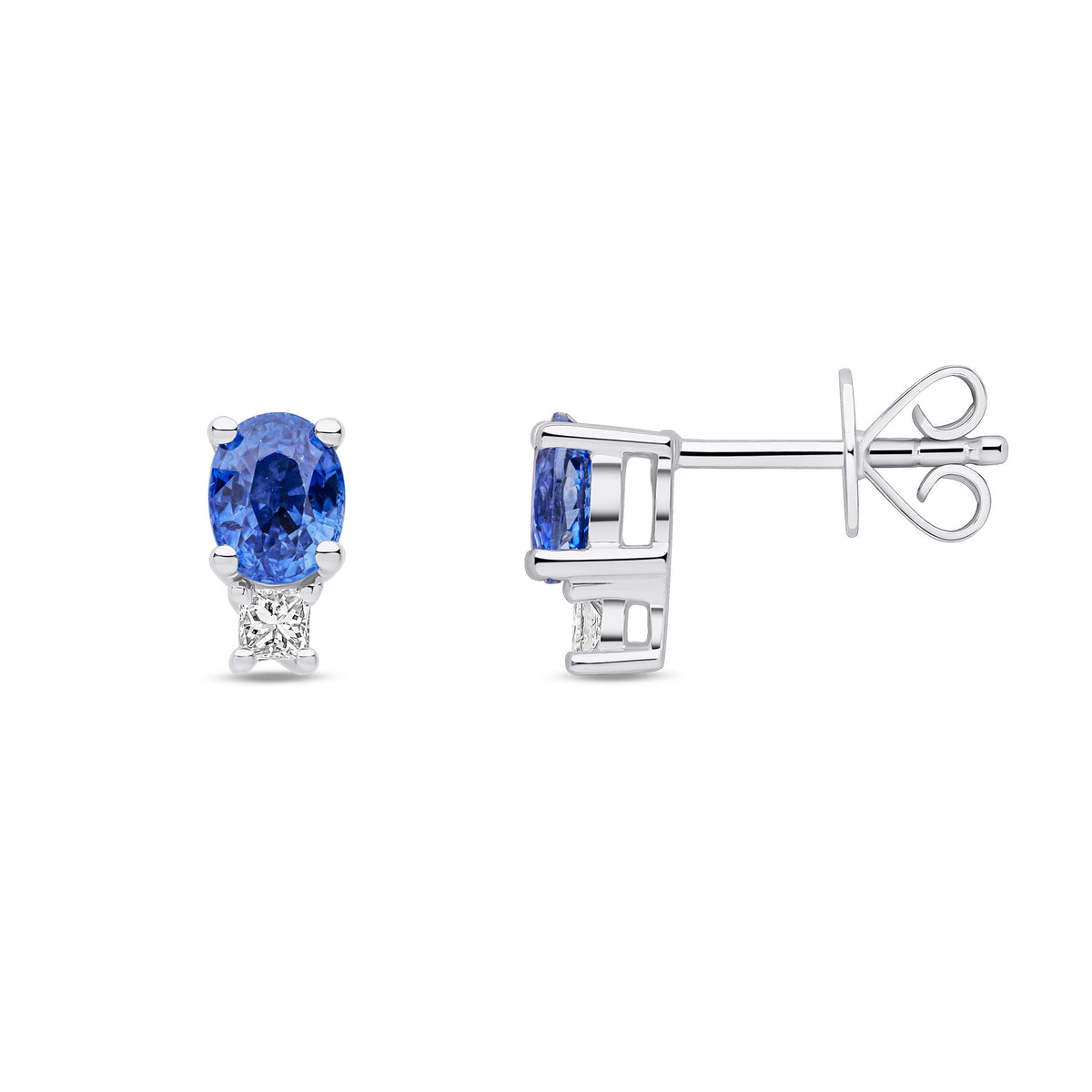 18ct White Gold Oval Natural Sapphire and Diamond Stud Earrings