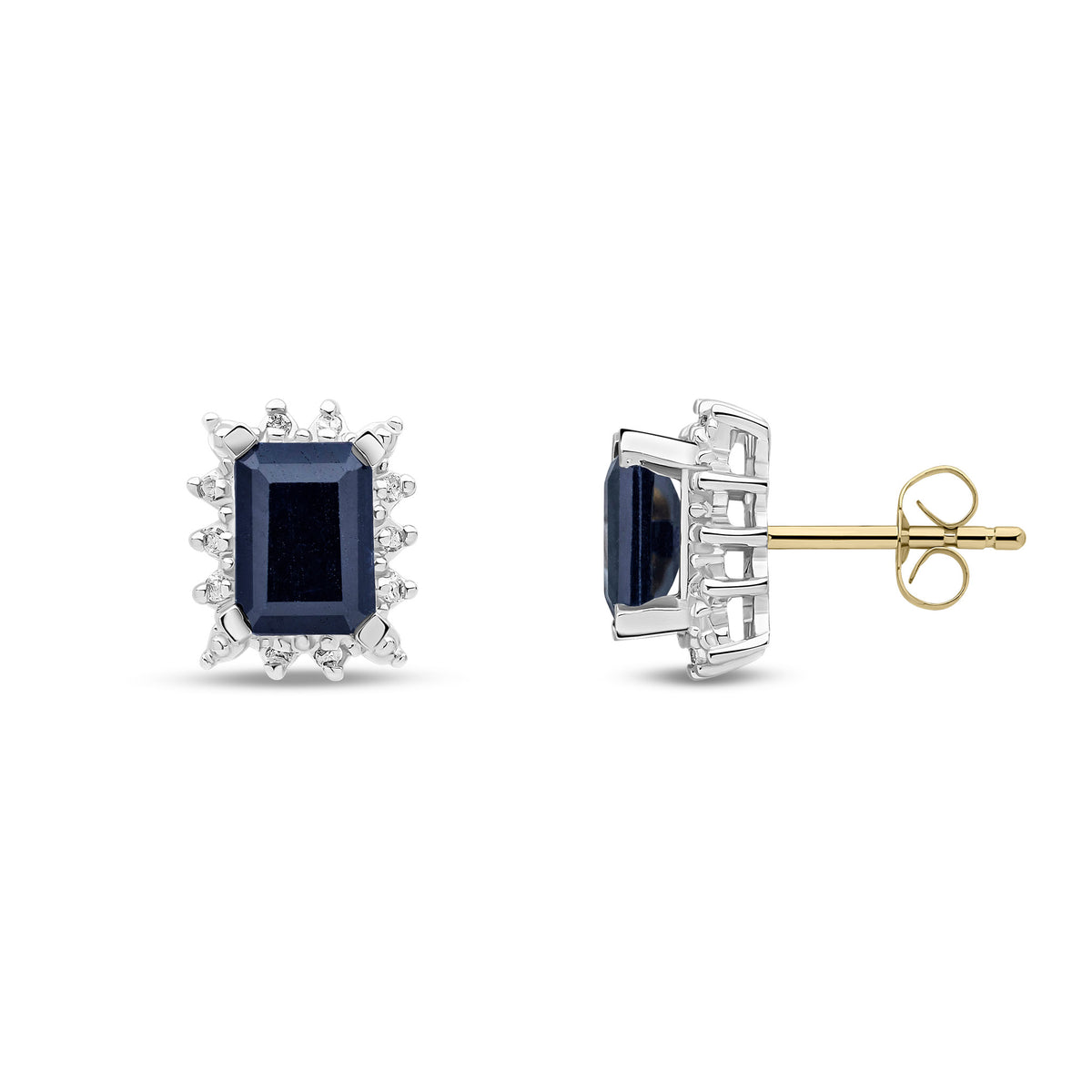 9ct Yellow Gold Natural Sapphire and Diamond Cluster Stud Earrings