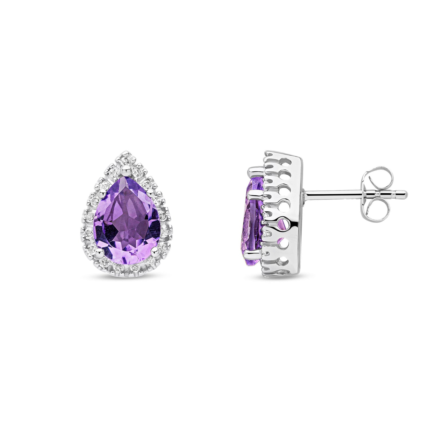 9ct White Gold Natural Amethyst and Diamond Halo Teardrop Stud Earrings