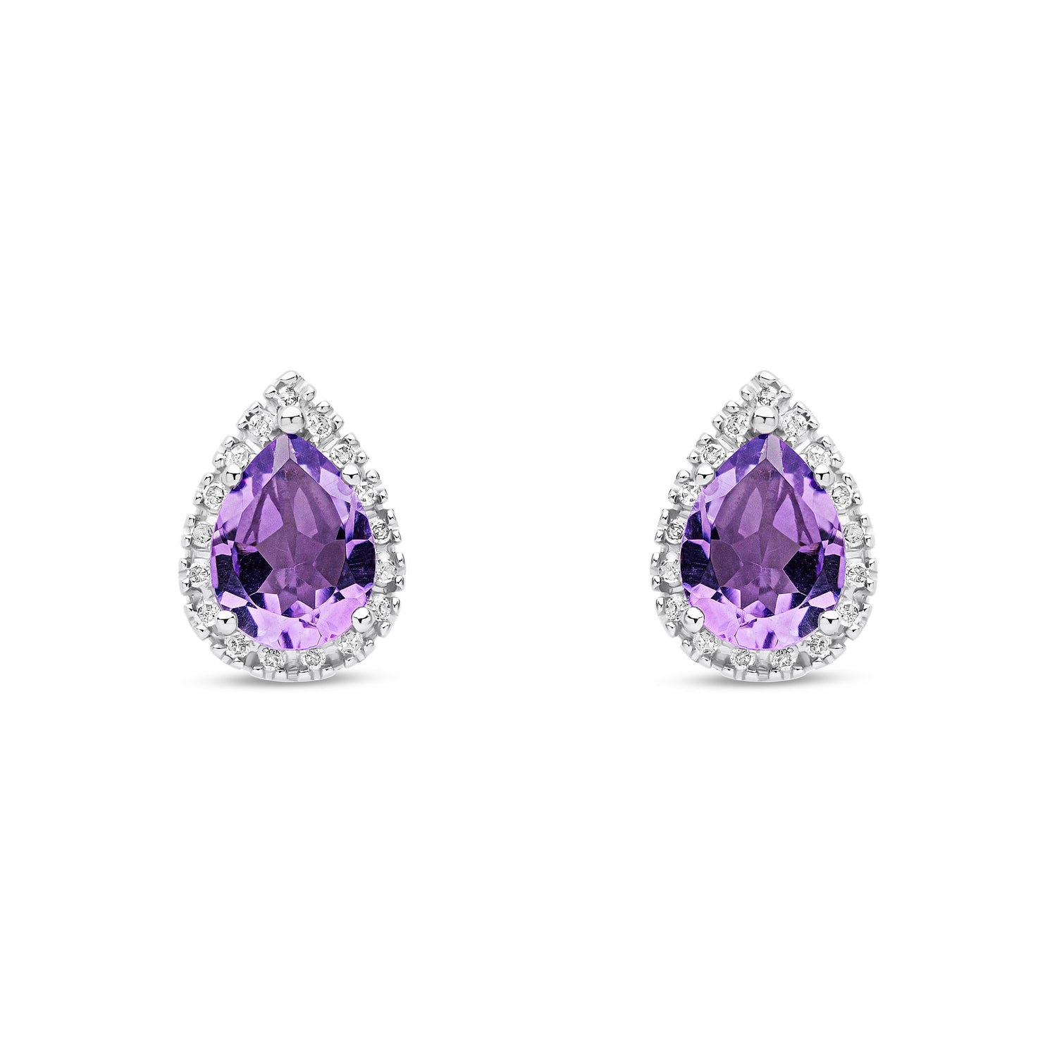 9ct White Gold Natural Amethyst and Diamond Halo Teardrop Stud Earrings