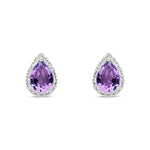 9ct White Gold Pear Shaped Natural Amethyst & Diamond Halo Stud Earrings — 8x6mm