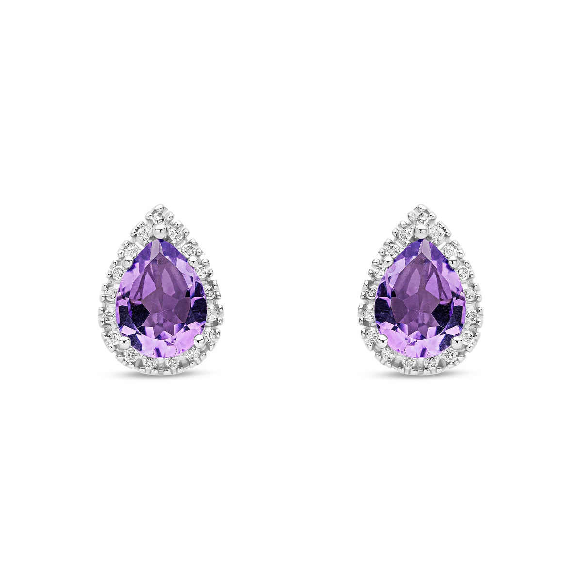 9ct White Gold Pear Shaped Natural Amethyst & Diamond Halo Stud Earrings — 8x6mm