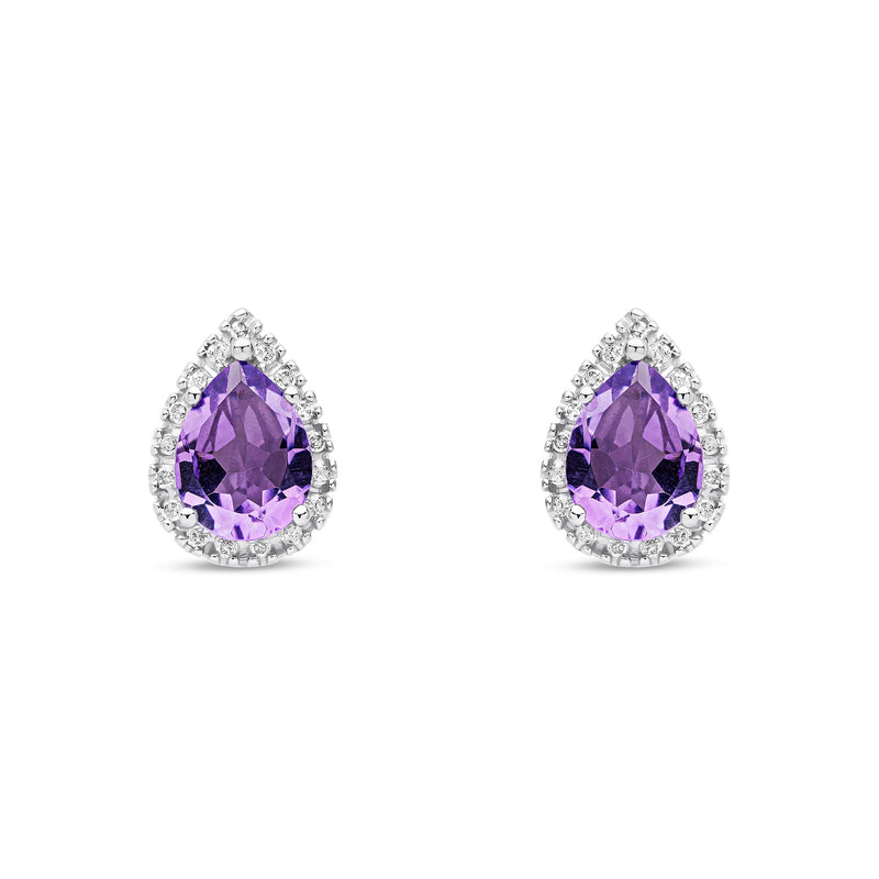 9ct White Gold Pear Shaped Natural Amethyst & Diamond Halo Stud Earrings — 8x6mm