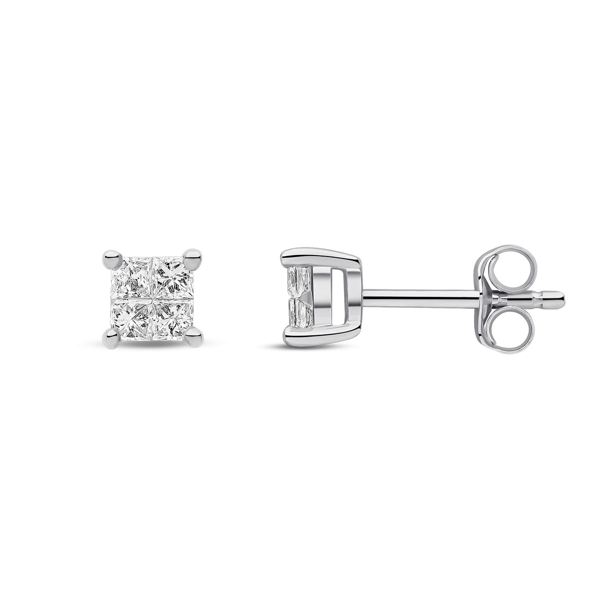 9ct White Gold Natural Diamond Princess Cut Stud Earrings