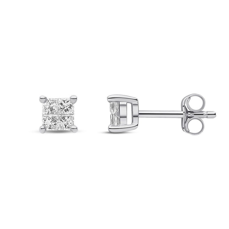 9ct White Gold Natural Diamond Princess Cut Stud Earrings
