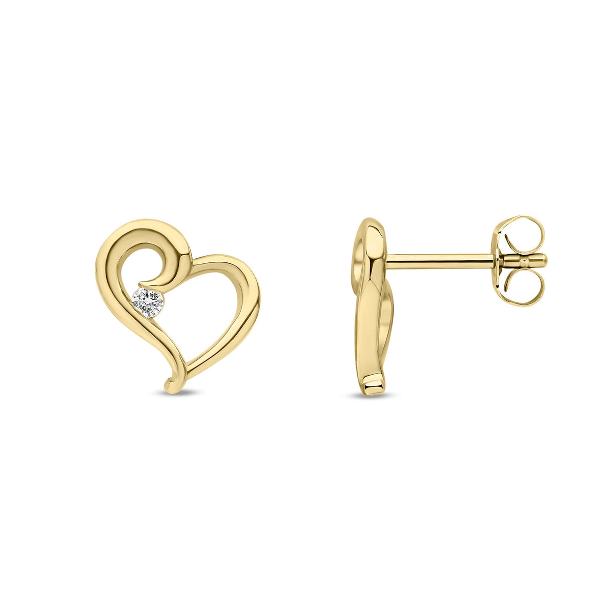 9ct Yellow Gold Natural Diamond Open Heart Solitaire Stud Earrings