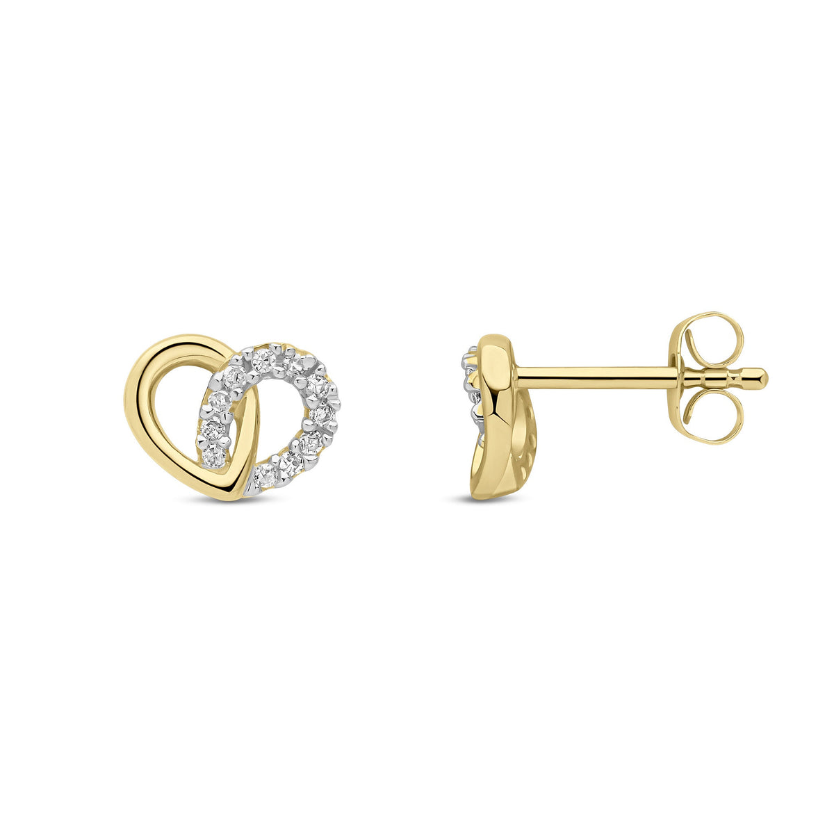 9ct Yellow Gold Natural Diamond Overlapping Heart Stud Earrings