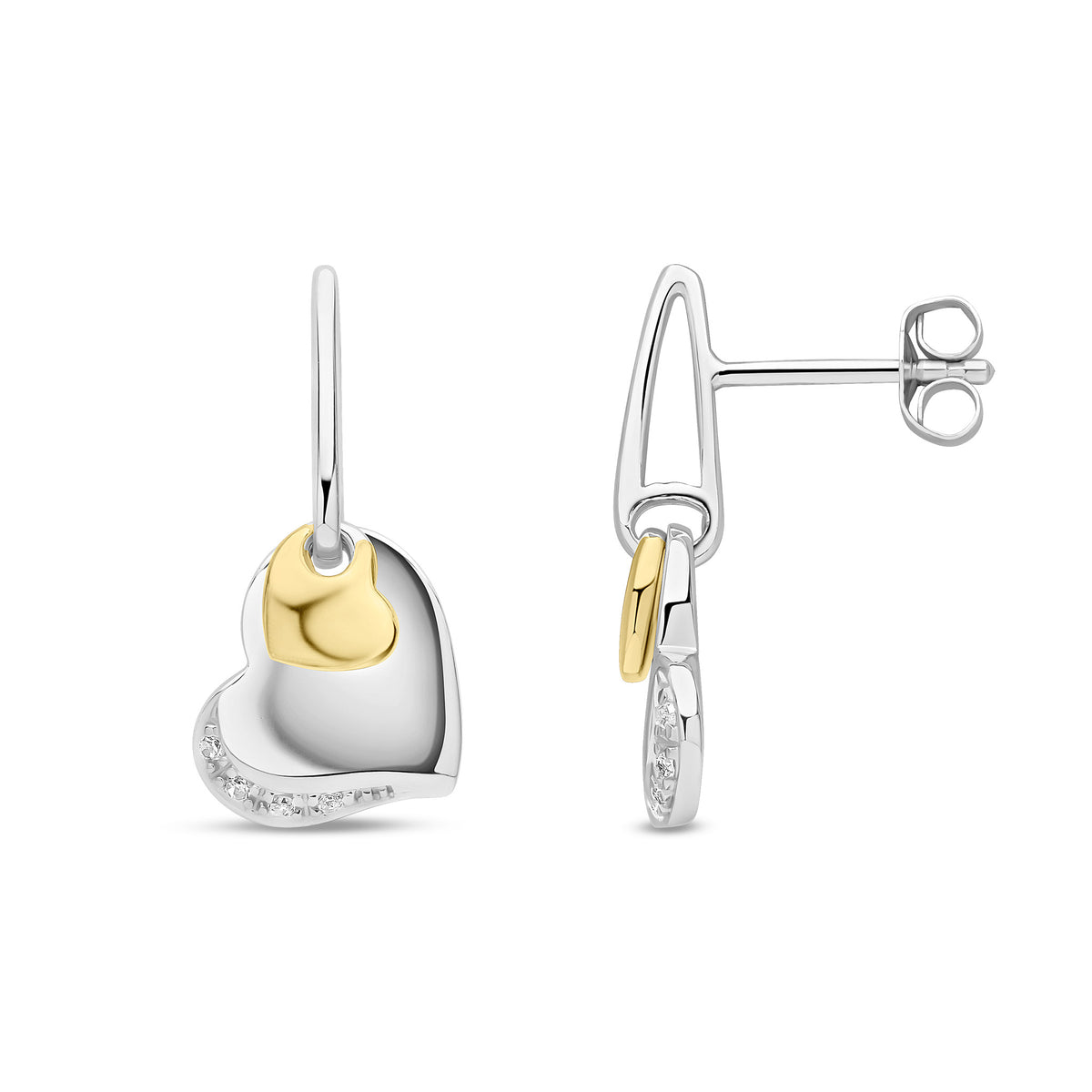 9ct Yellow & White Gold Natural Diamond Two Tone Heart Drop Earrings