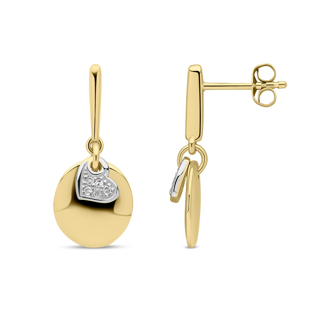 9ct Yellow & White Gold Natural Diamond Heart Disc Drop Earrings