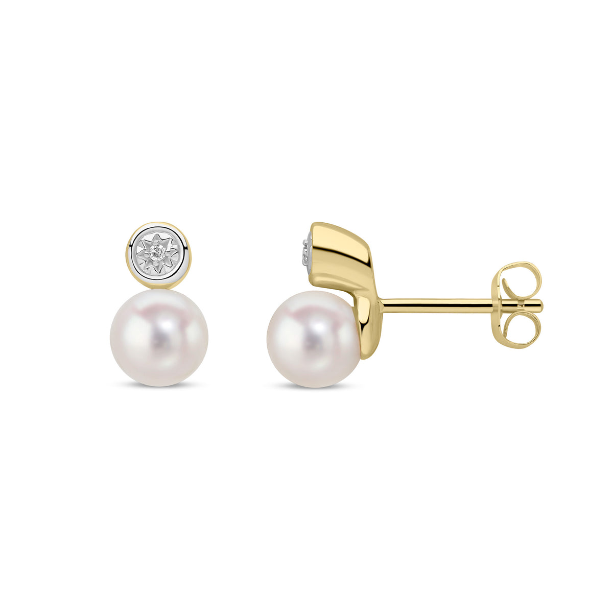 9ct Yellow Gold Cultured Freshwater Pearl and Diamond Solitaire Pearl Stud Earrings