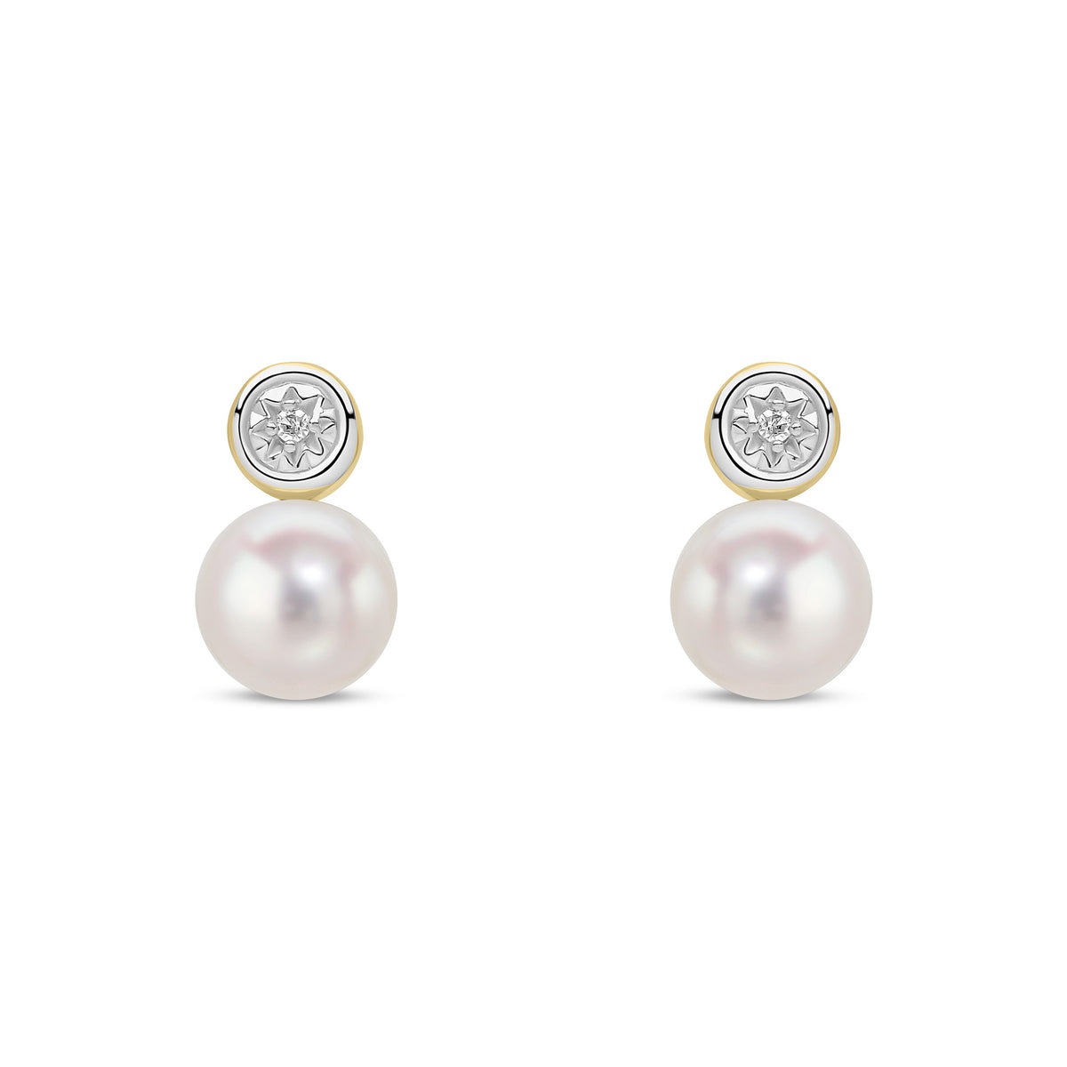 9ct Yellow Gold Cultured Freshwater Pearl and Diamond Solitaire Pearl Stud Earrings