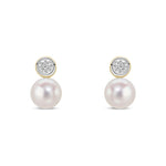 9ct Yellow Gold Cultured Freshwater Pearl and Natural Diamond Solitaire Pearl Stud Earrings