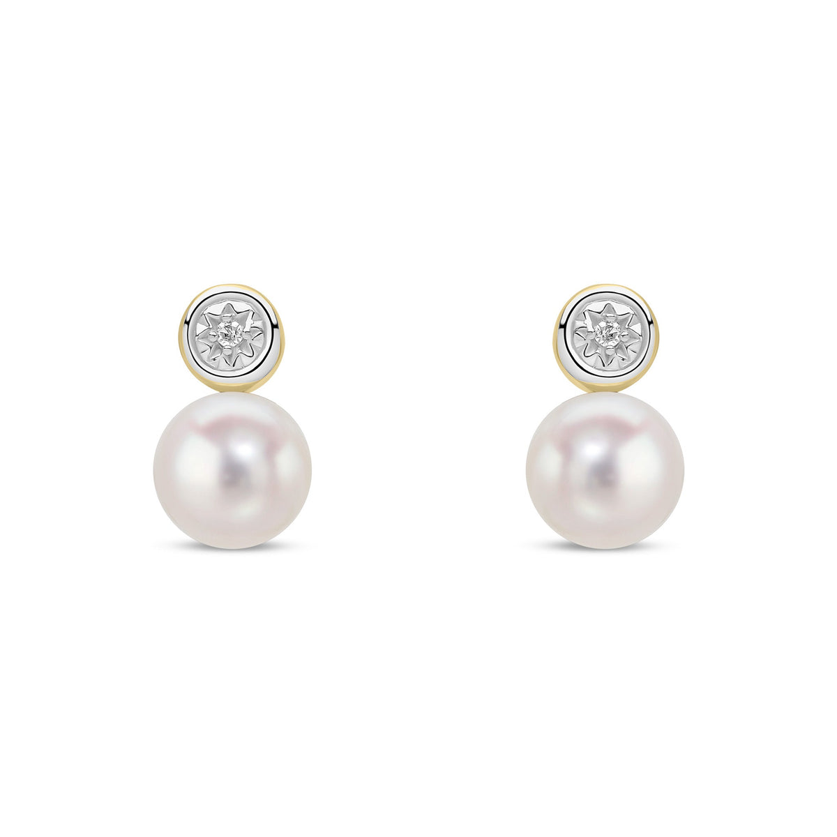 9ct Yellow Gold Cultured Freshwater Pearl and Natural Diamond Solitaire Pearl Stud Earrings