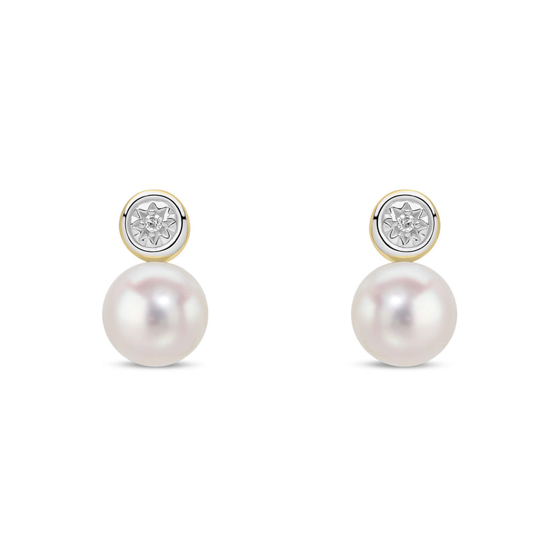 9ct Yellow Gold Cultured Freshwater Pearl and Natural Diamond Solitaire Pearl Stud Earrings