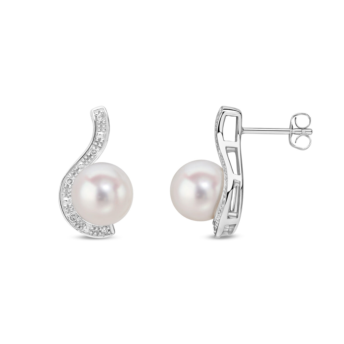 9ct White Gold Cultured Freshwater Pearl and Diamond Wave Stud Earrings