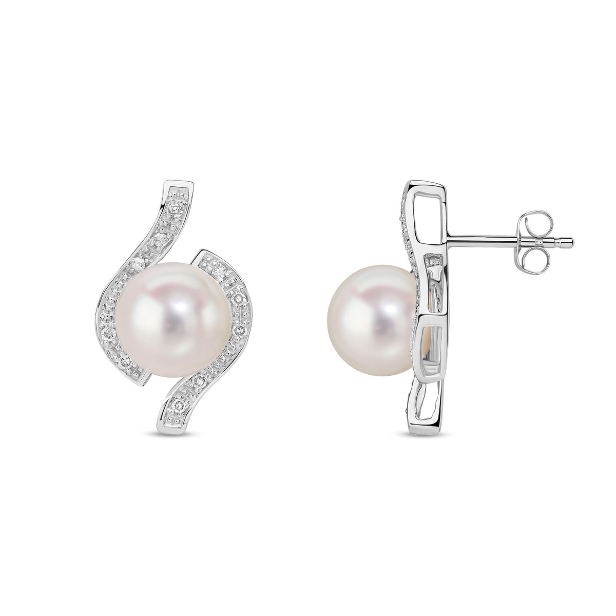 9ct White Gold Cultured Freshwater Pearl and Diamond Swirl Stud Earrings