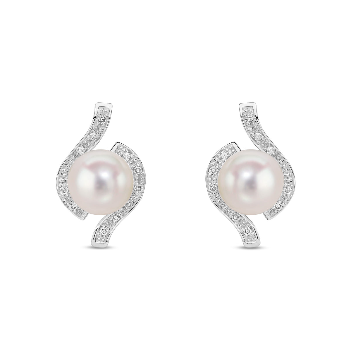 9ct White Gold Cultured Freshwater Pearl and Diamond Swirl Stud Earrings