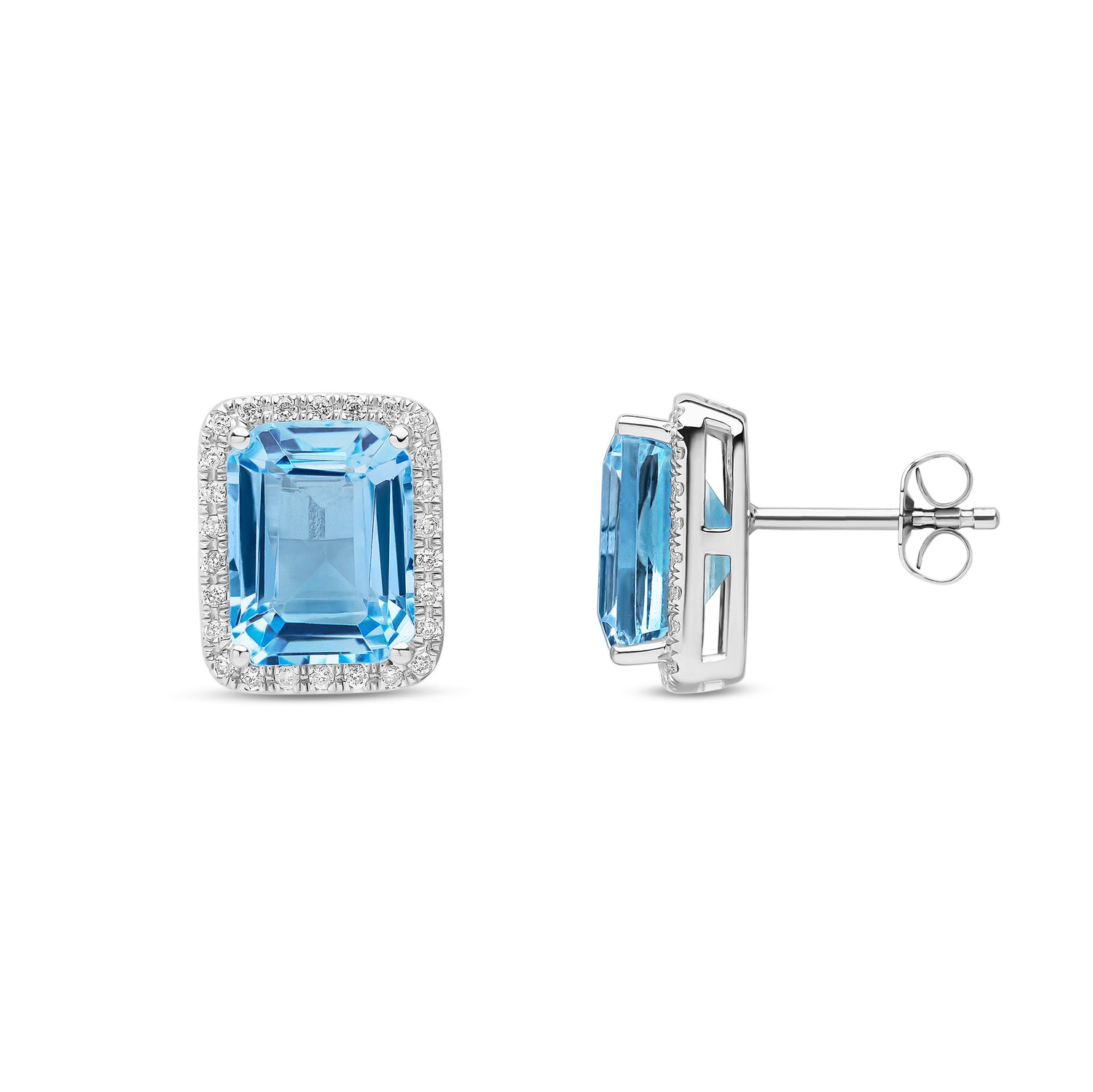 9ct White Gold Natural Octagon Swiss Blue Topaz and Diamond Halo Stud Earrings