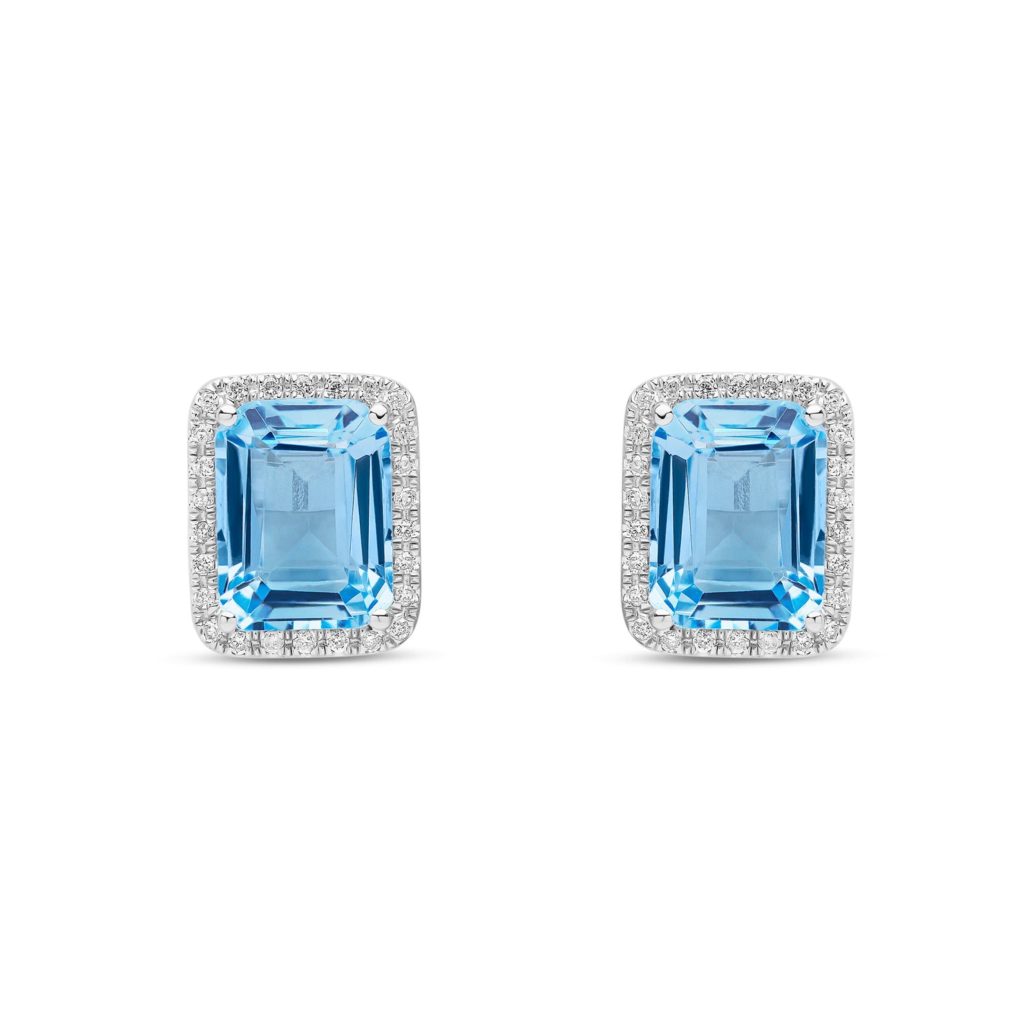 9ct White Gold Natural Octagon Swiss Blue Topaz and Diamond Halo Stud Earrings