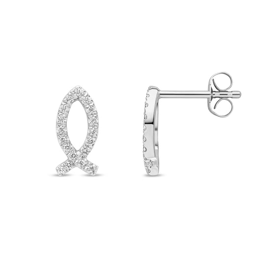 9ct White Gold Natural Diamond Ribbon Fish Stud Earrings