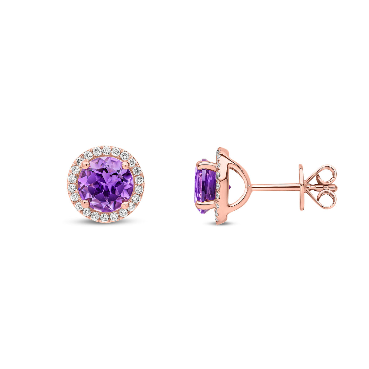 9ct Rose Gold Natural Amethyst and Diamond Round Halo Stud Earrings