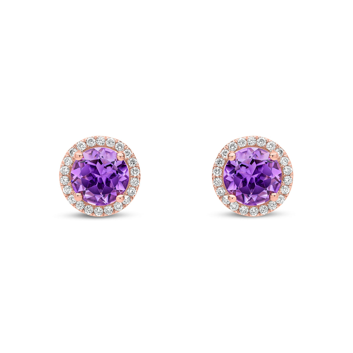 9ct Rose Gold Natural Amethyst and Diamond Round Halo Stud Earrings