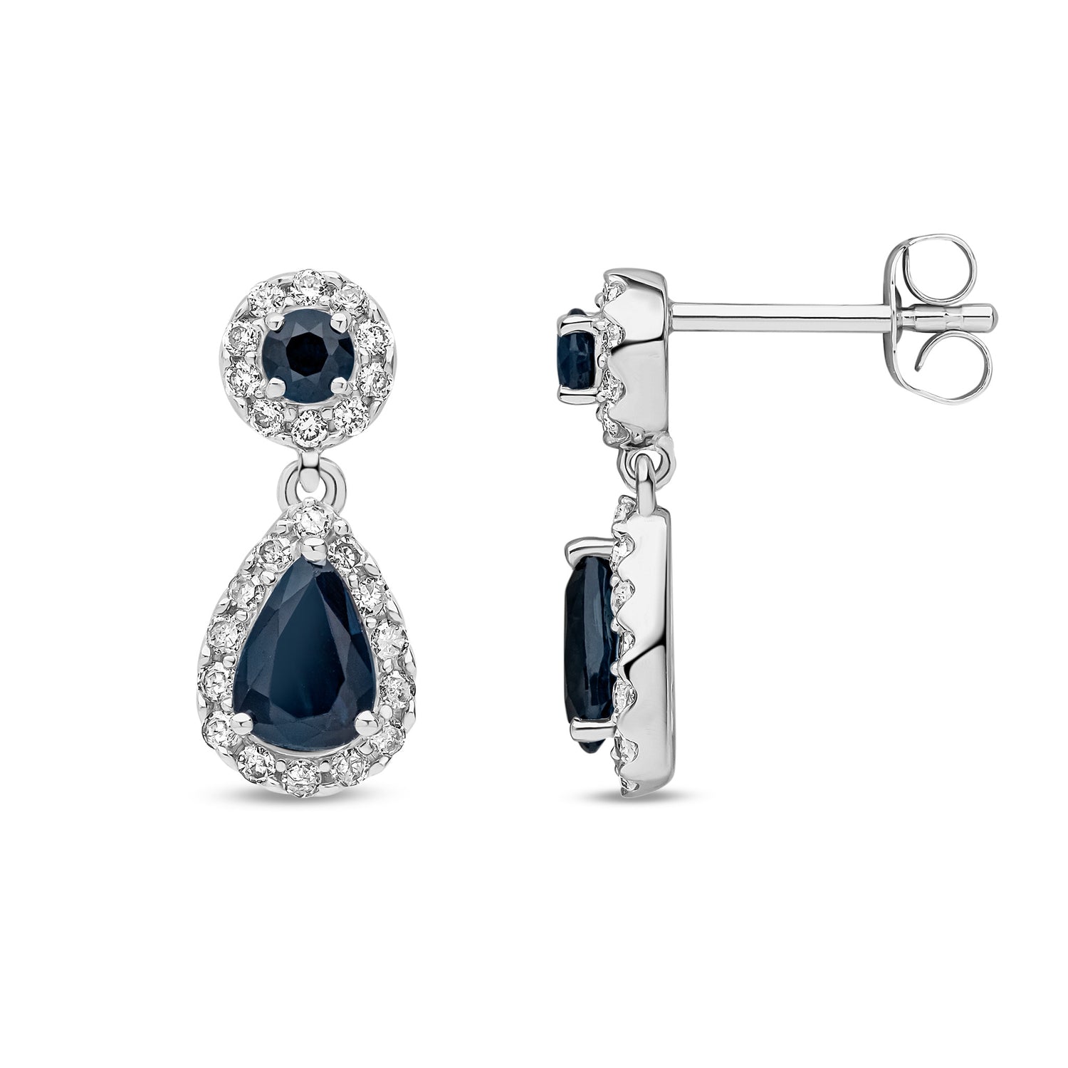 9ct White Gold Natural Sapphire and Diamond Teardrop Halo Drop Earrings