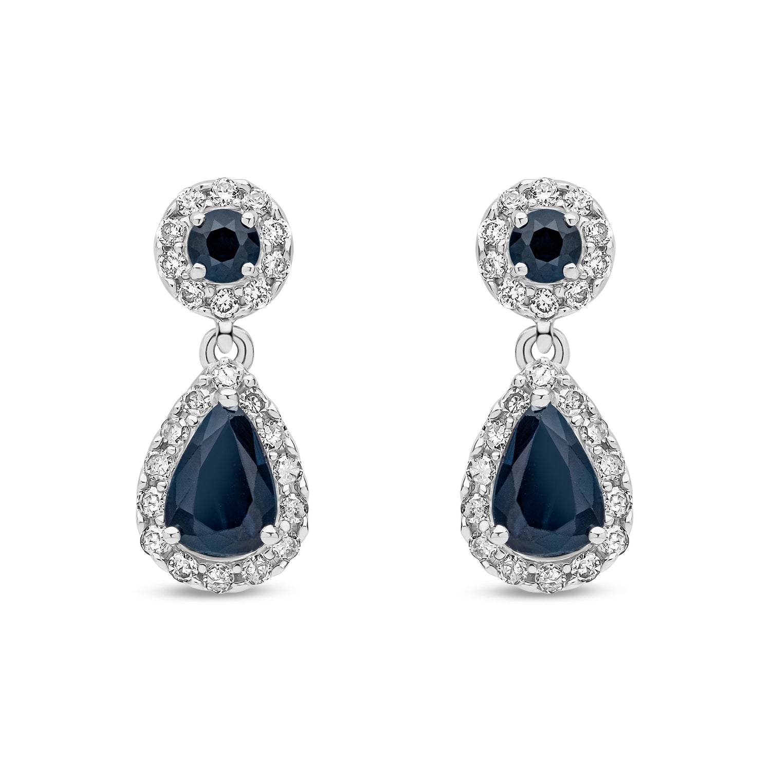 9ct White Gold Natural Sapphire and Diamond Teardrop Halo Drop Earrings