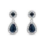 9ct White Gold Natural Sapphire & Diamond Teardrop Halo Drop Earrings