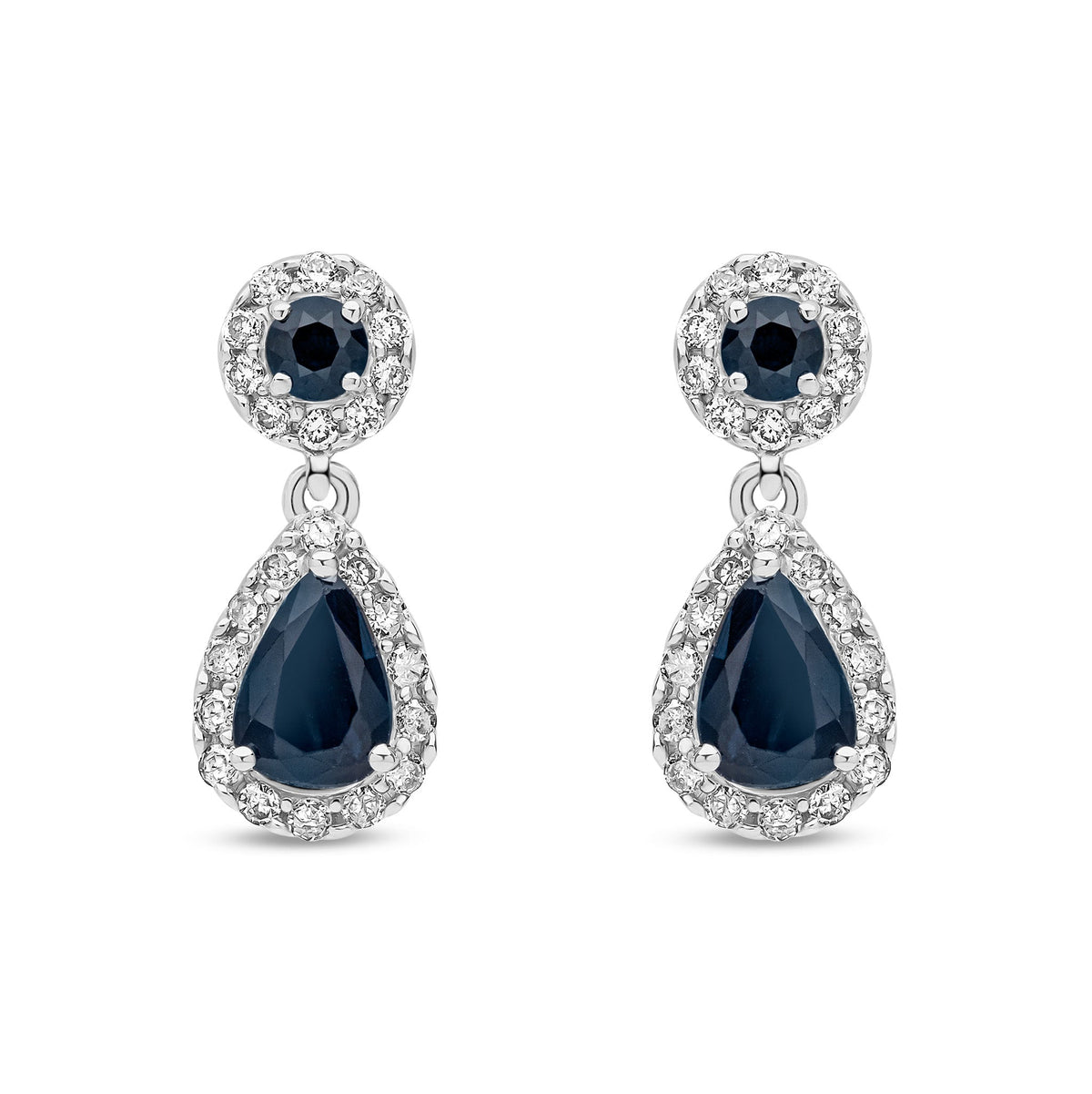 9ct White Gold Natural Sapphire & Diamond Teardrop Halo Drop Earrings