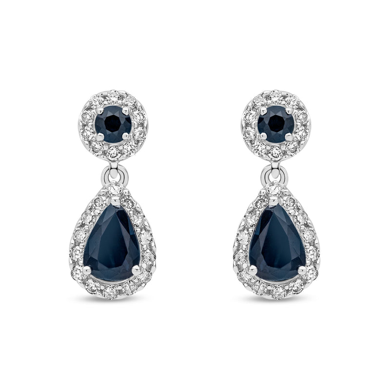 9ct White Gold Natural Sapphire & Diamond Teardrop Halo Drop Earrings