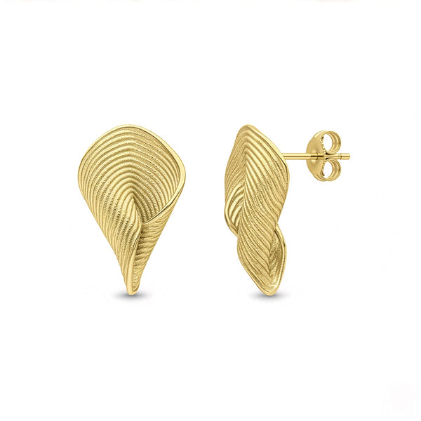 9ct Yellow Gold Sculpted Textured Folded Leaf Stud Earrings — 20mm