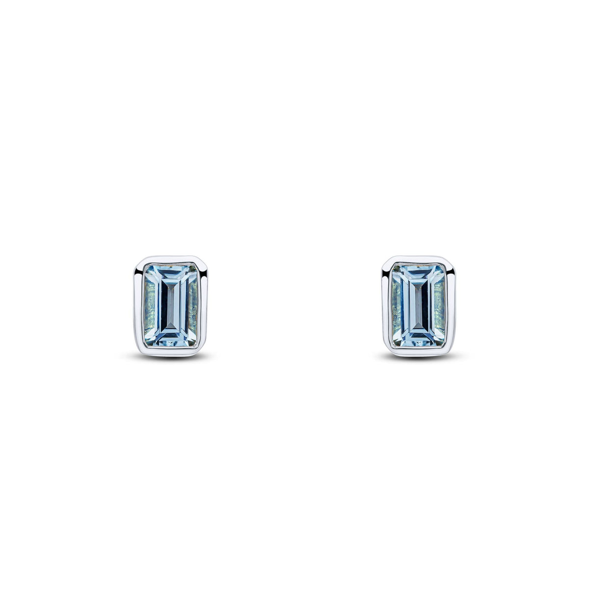 9ct White Gold Octagonal Emerald Cut Natural Aquamarine Rubover Stud Earrings — 5x3mm