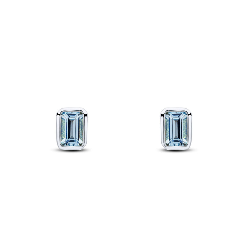 9ct White Gold Octagonal Emerald Cut Natural Aquamarine Rubover Stud Earrings — 5x3mm