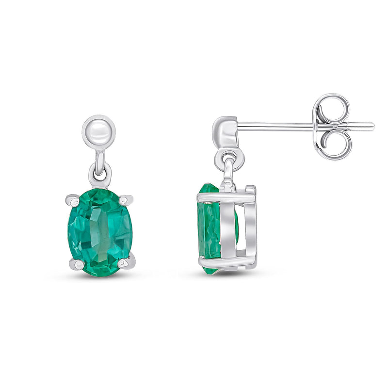9ct White Gold Oval Natural Emerald Drop Earrings — 7x5mm