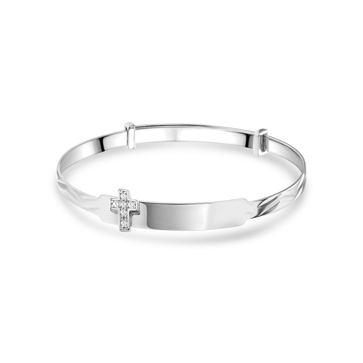 9ct White Gold Diamond-Cut Expandable Baby Child Bangle with Cubic Zirconia Cross