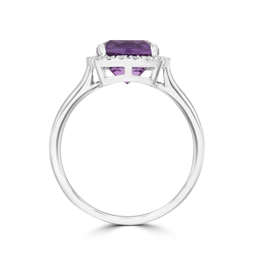 9ct White Gold Cushion Amethyst and Round Diamond Claw Set Cluster Ring — 8mm