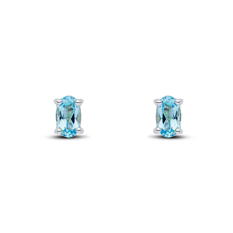 9ct White Gold Oval Natural Swiss Blue Topaz Claw Stud Earrings — 5x3mm
