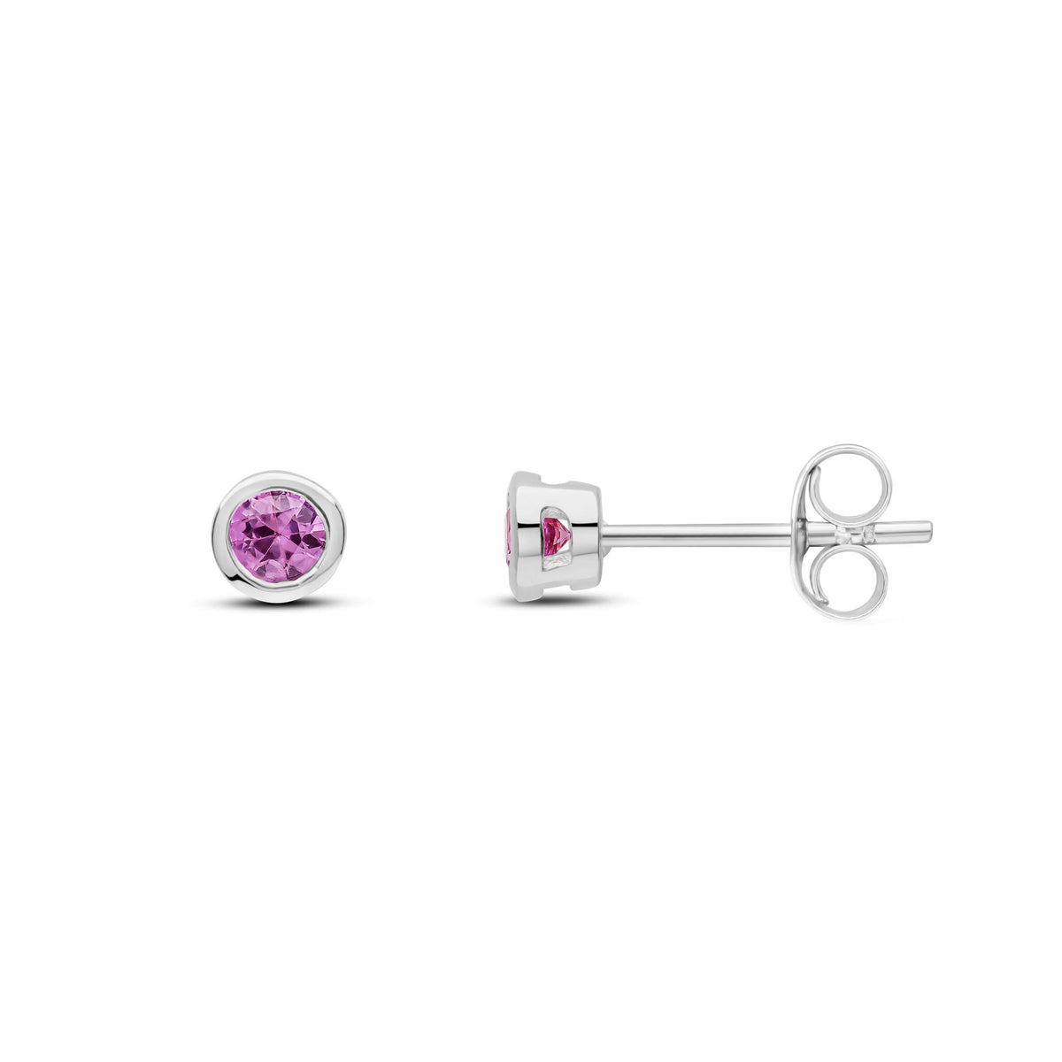9ct White Gold Round Natural Pink Sapphire Rubover Stud Earrings — 3mm