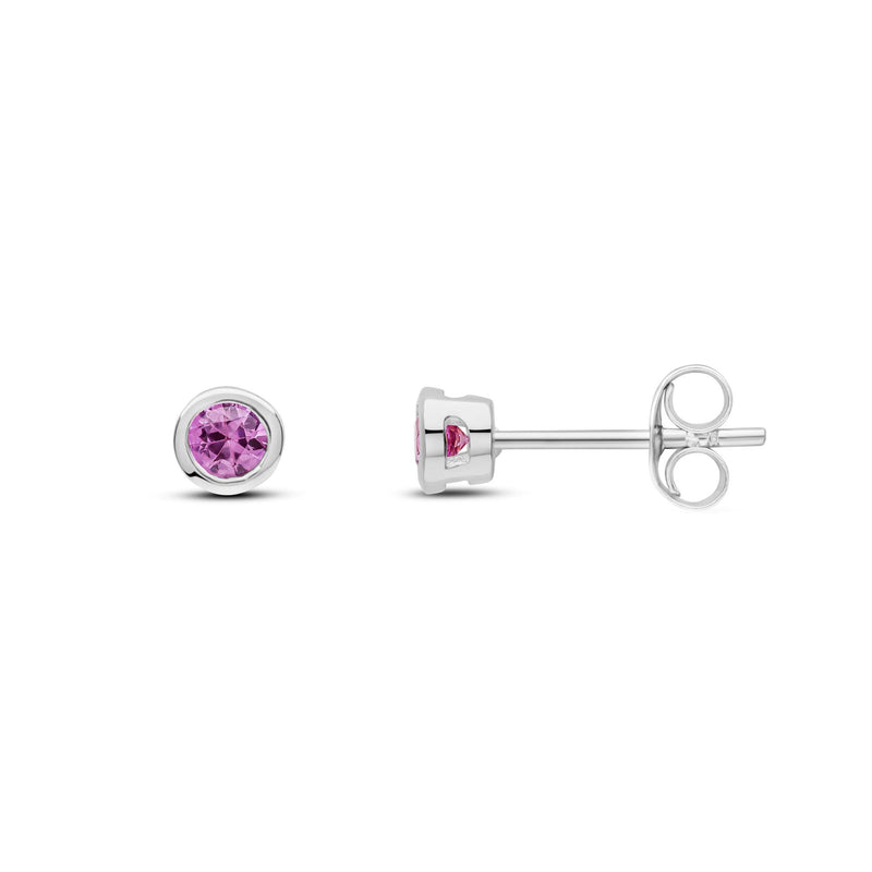 9ct White Gold Round Natural Pink Sapphire Rubover Stud Earrings — 3mm