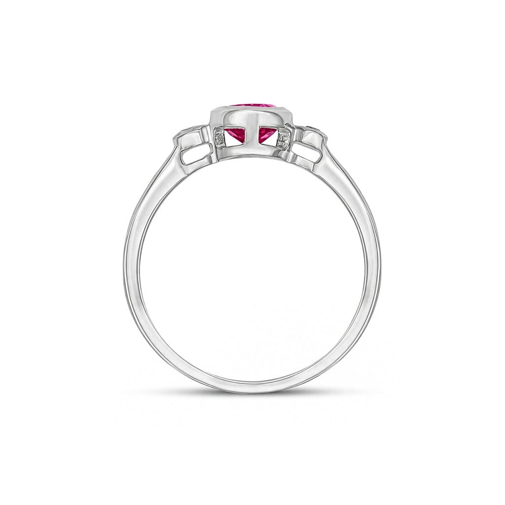9ct White Gold Oval Natural Ruby and Diamond Three Stone Rubover Ring