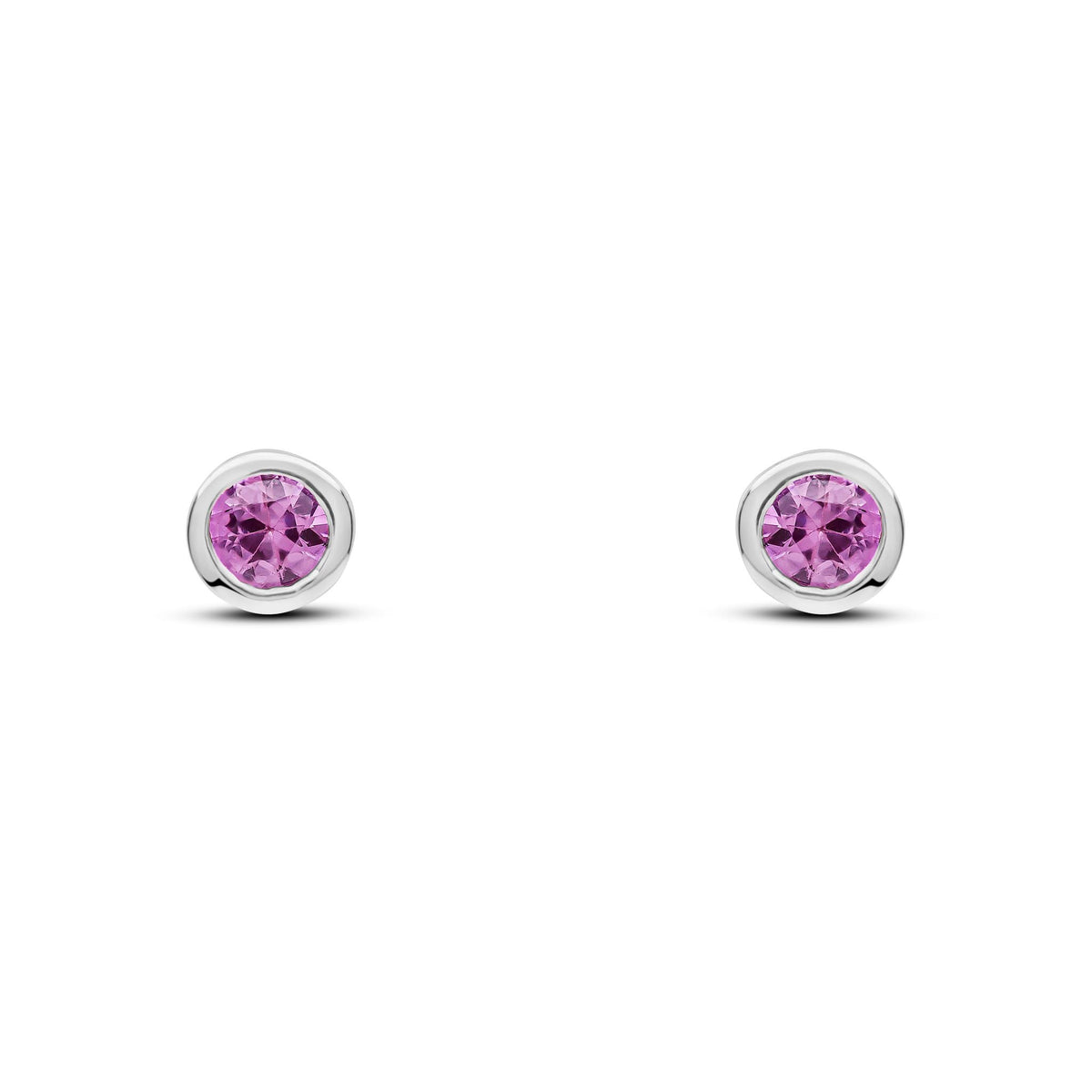9ct White Gold Round Natural Pink Sapphire Rubover Stud Earrings — 3mm