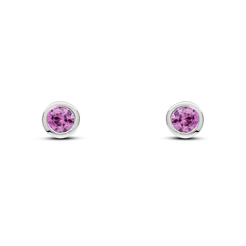 9ct White Gold Round Natural Pink Sapphire Rubover Stud Earrings — 3mm