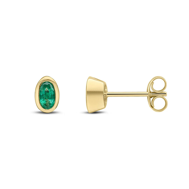 9ct Yellow Gold Oval Natural Emerald Rubover Stud Earrings — 5x3mm