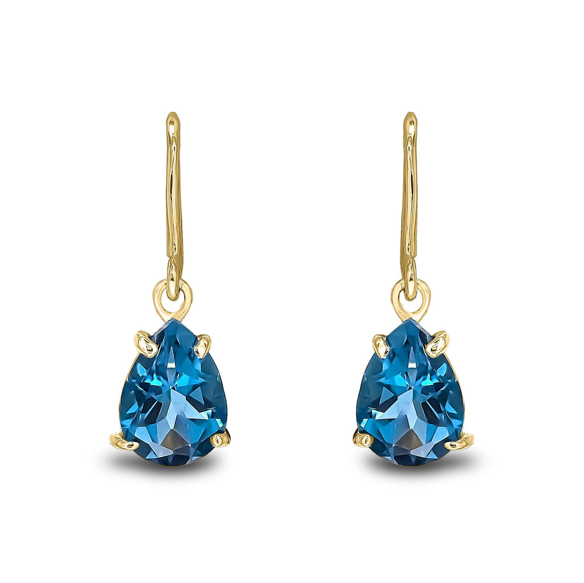 9ct Yellow Gold Pear Shaped Natural London Blue Topaz Claw Wire Hook Drop Earrings