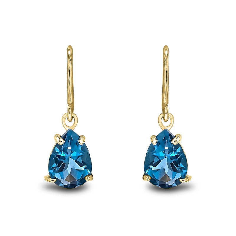 9ct Yellow Gold Pear Shaped Natural London Blue Topaz Claw Wire Hook Drop Earrings